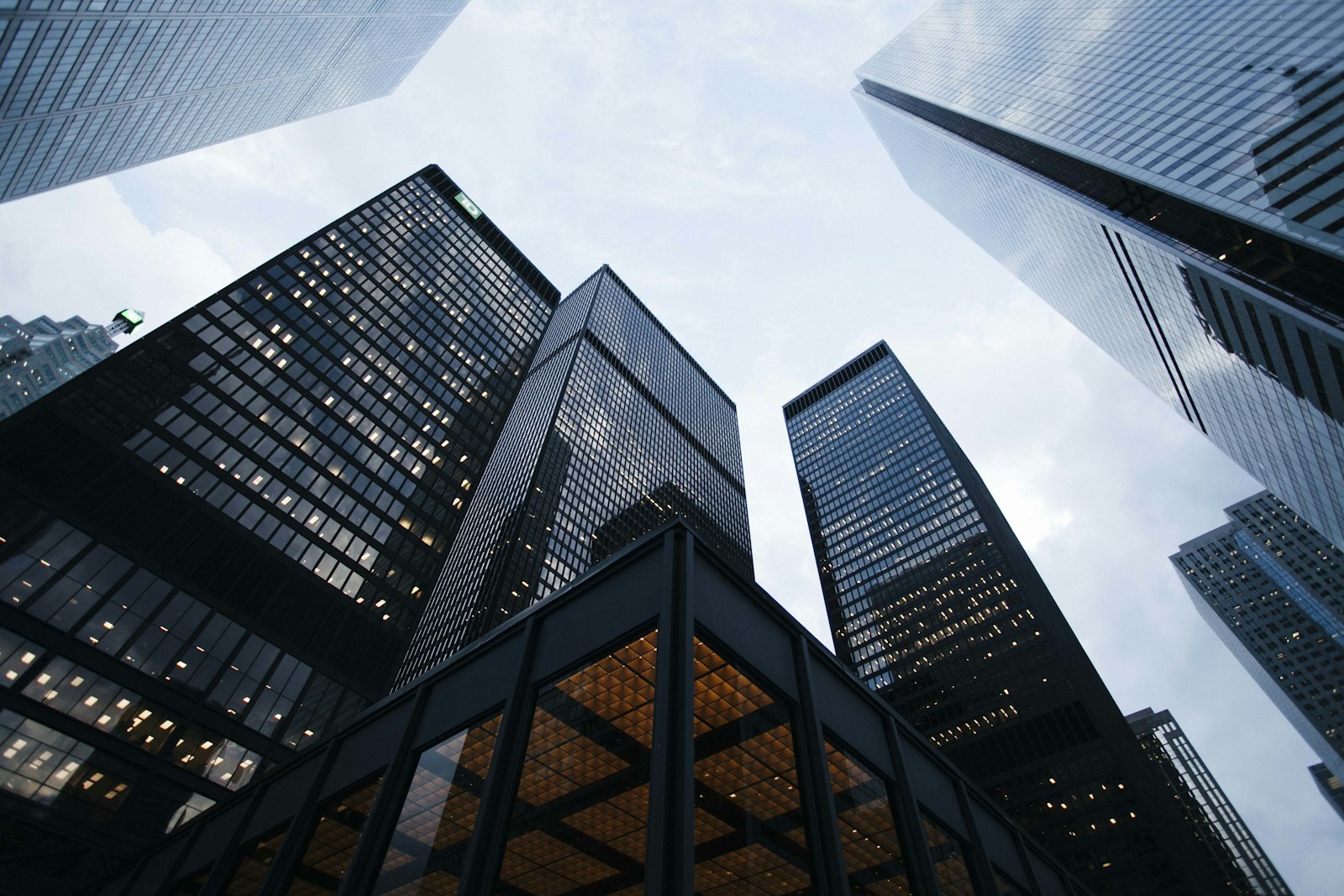 Looking up at downtown high-rise buildings
