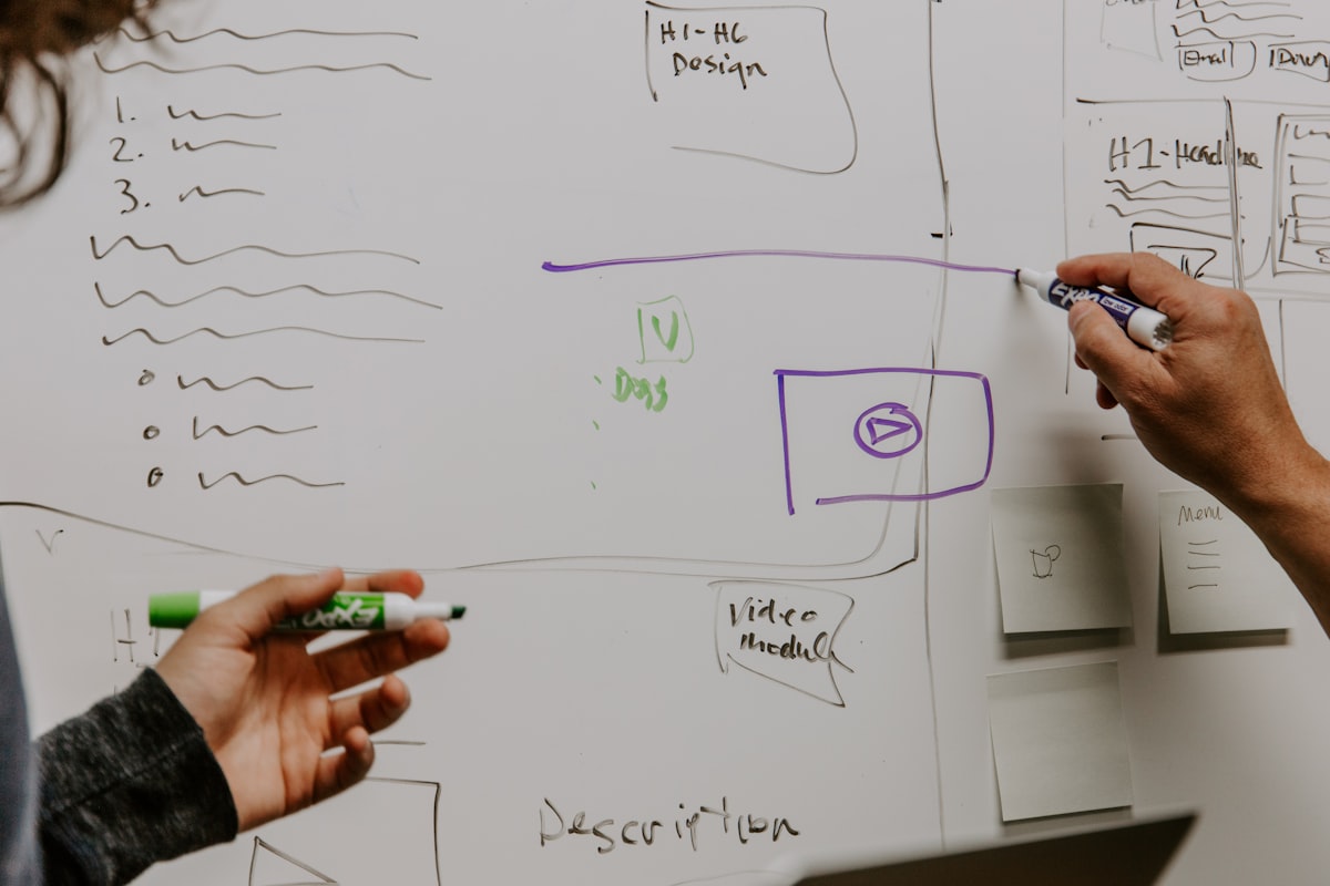 Two people sketching ideas on a whiteboard together